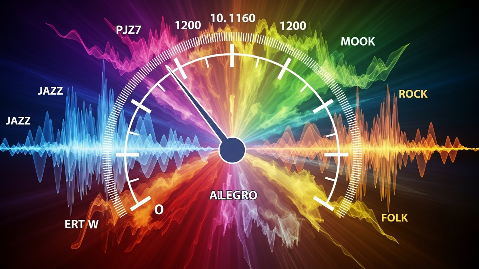 An abstract tempo dial blended with colorful audio waveforms representing different music genres.