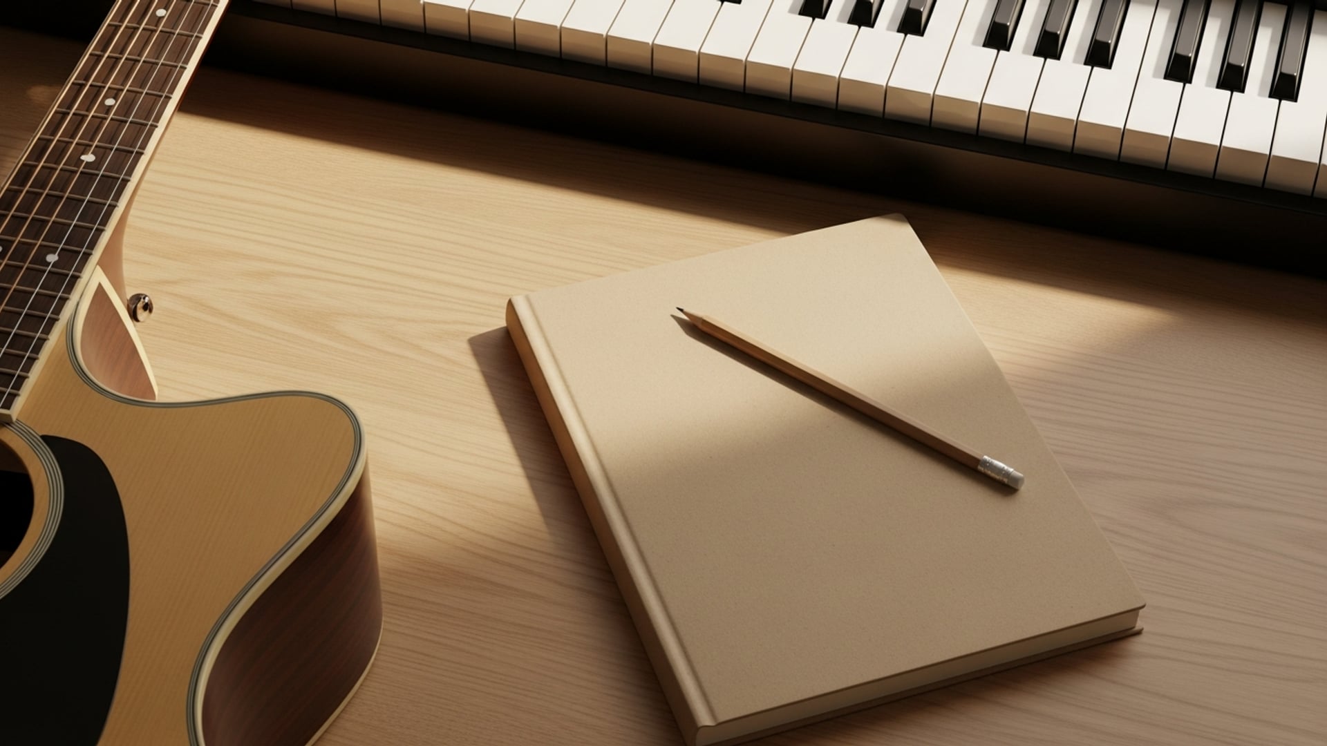 Acoustic guitar, piano keyboard, and a notebook with a pencil on a wooden desk during a songwriting session.