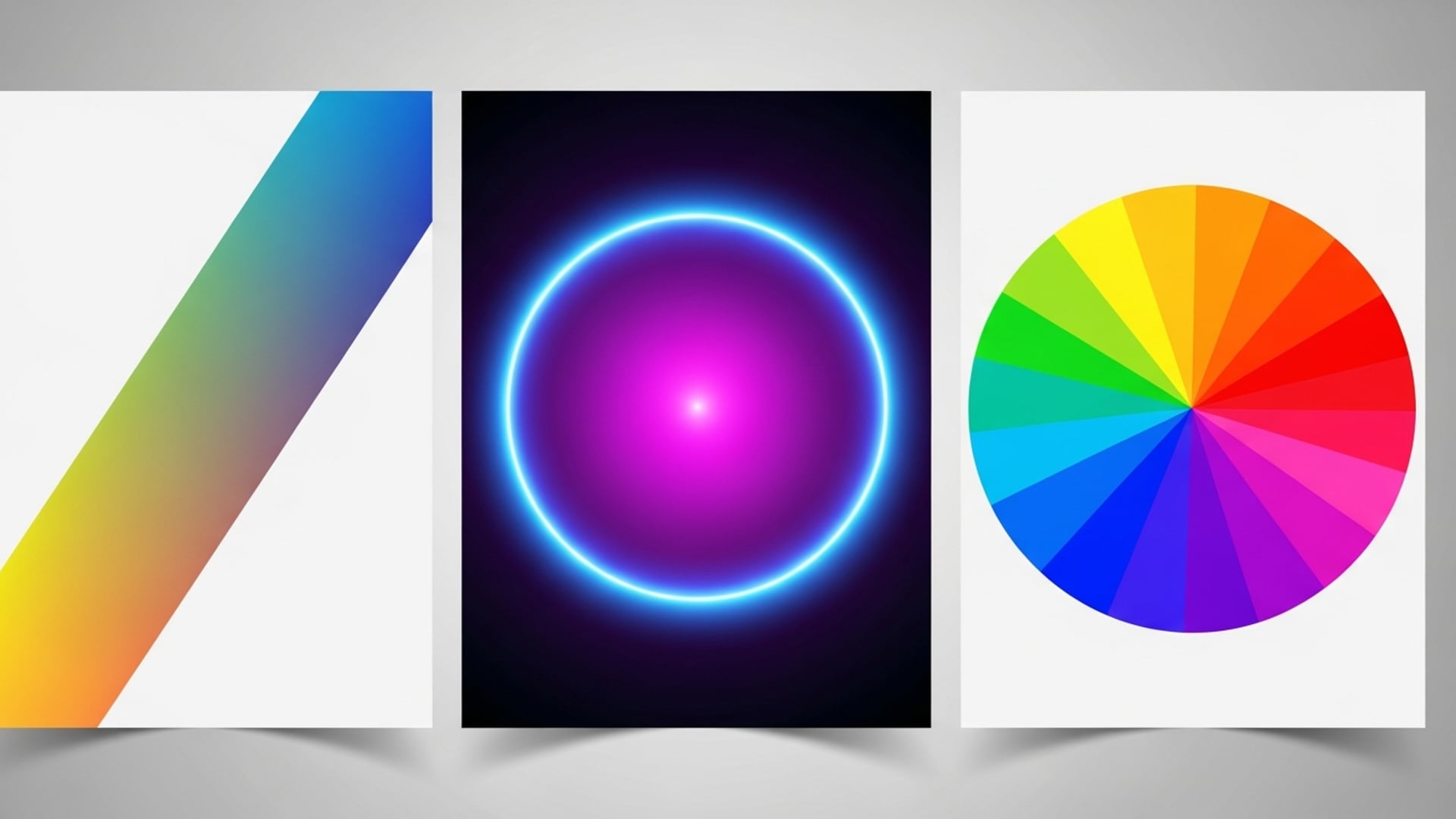 Three gradient panels side by side: a linear diagonal sweep, a radial glow, and a conic color wheel.