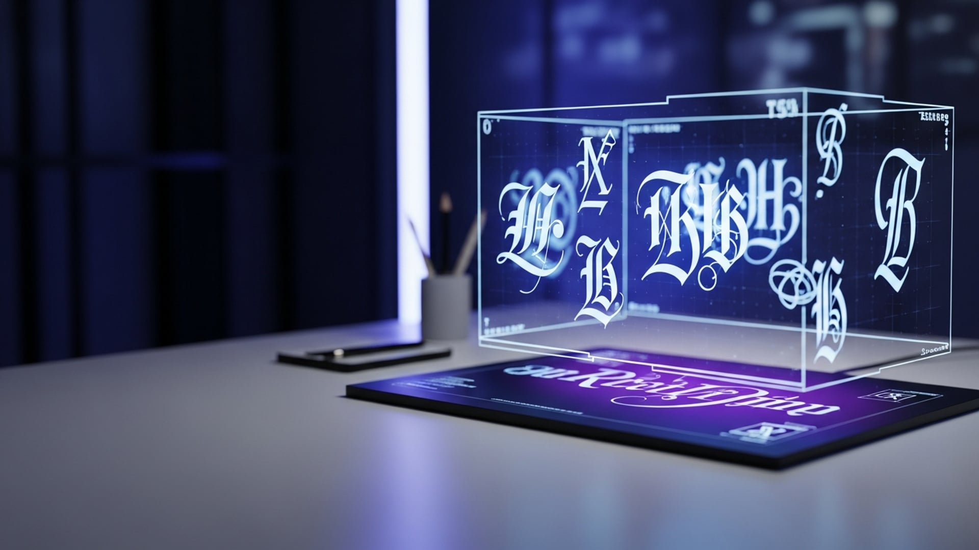 A futuristic desk setup displaying a 3D hologram of various gothic and decorative Unicode font characters.