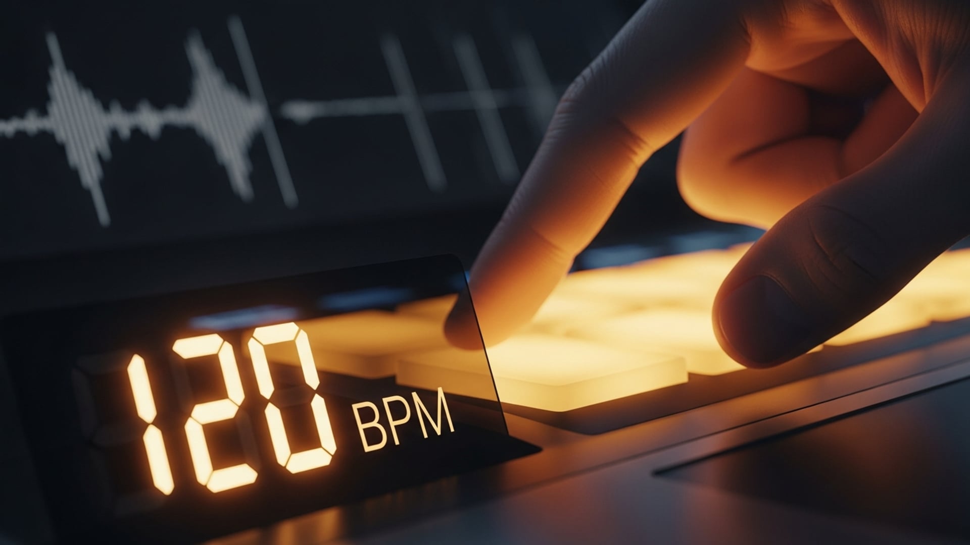 A finger pressing a backlit pad on a music controller with a digital display showing 120 BPM.