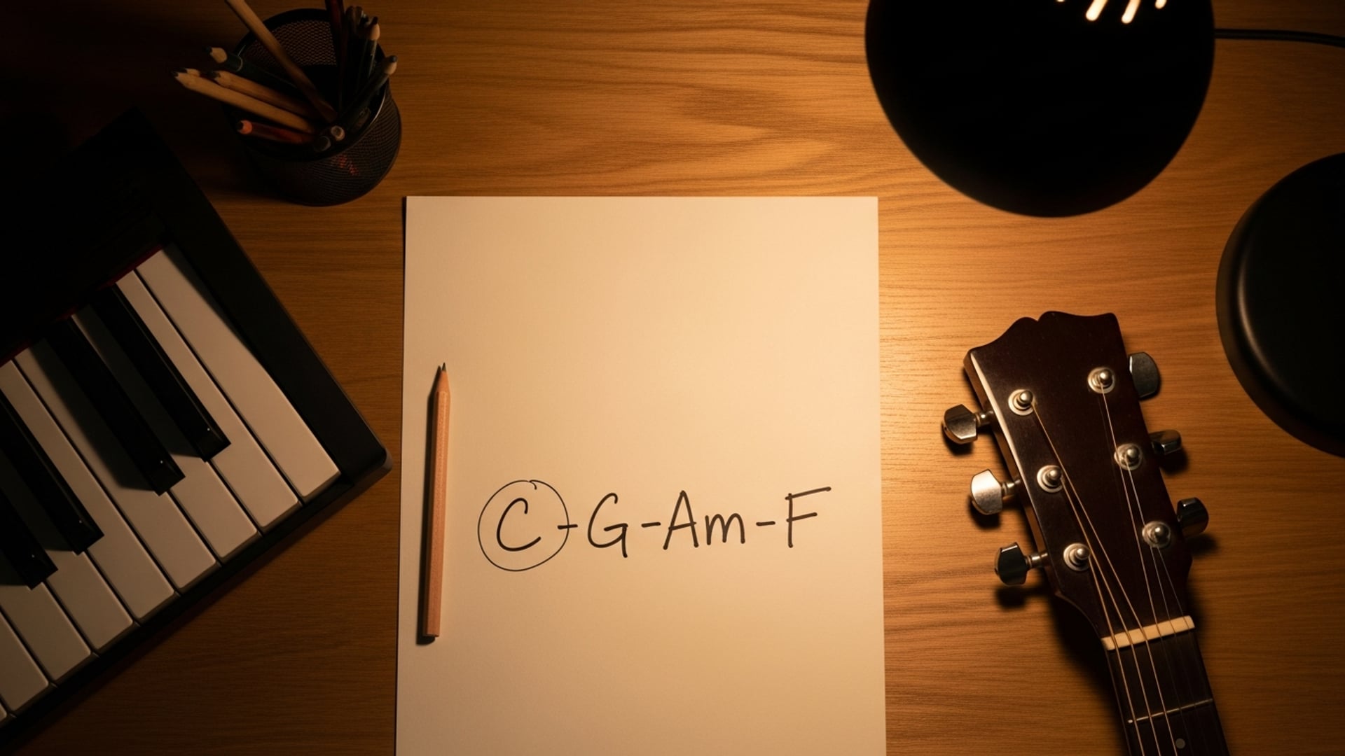 A piece of paper with the C, G, Am, and F chords written on it, placed on a desk next to a keyboard and acoustic guitar.