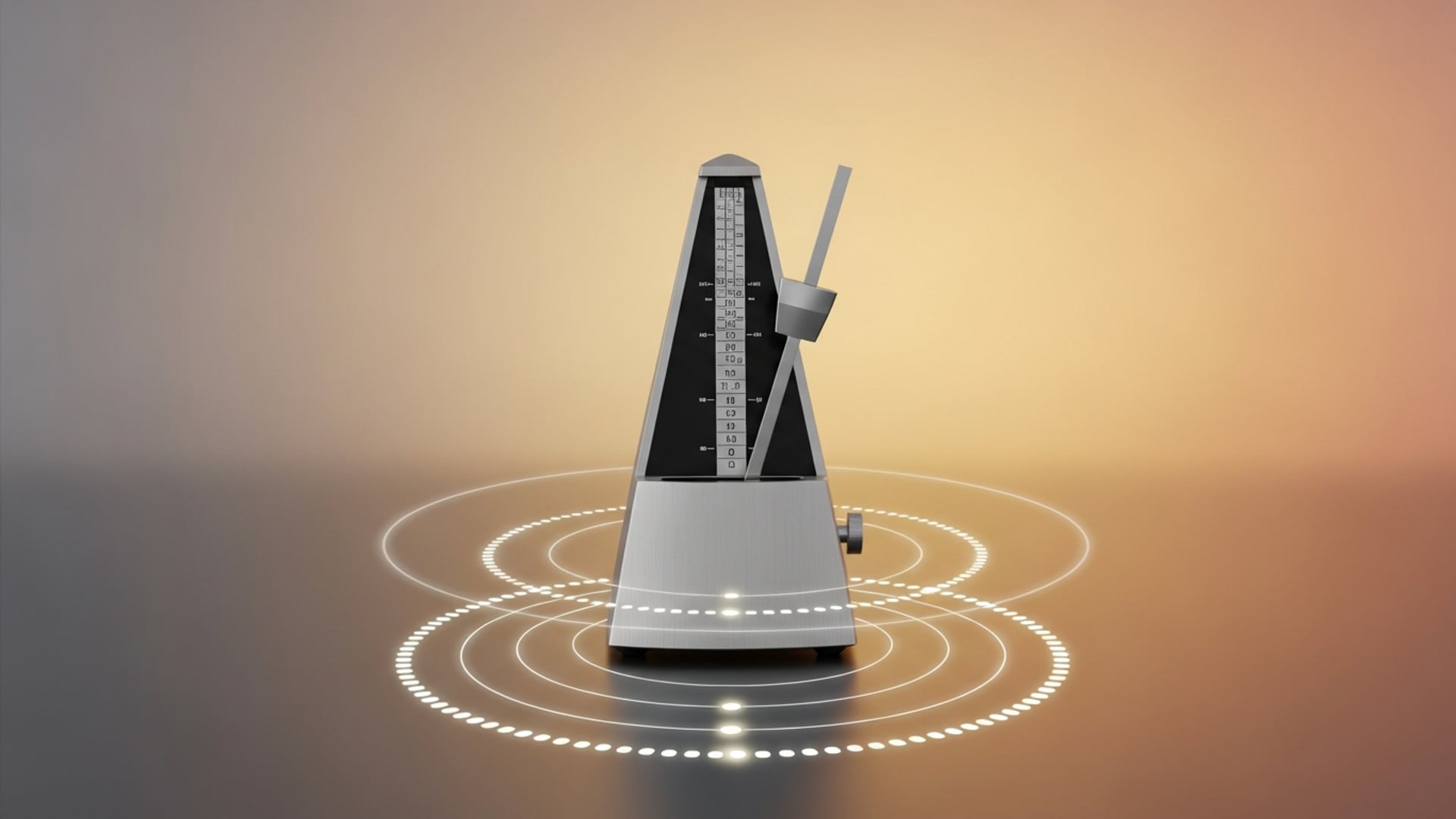 A modern metronome with its pendulum mid-swing, surrounded by concentric rhythmic pulse rings.