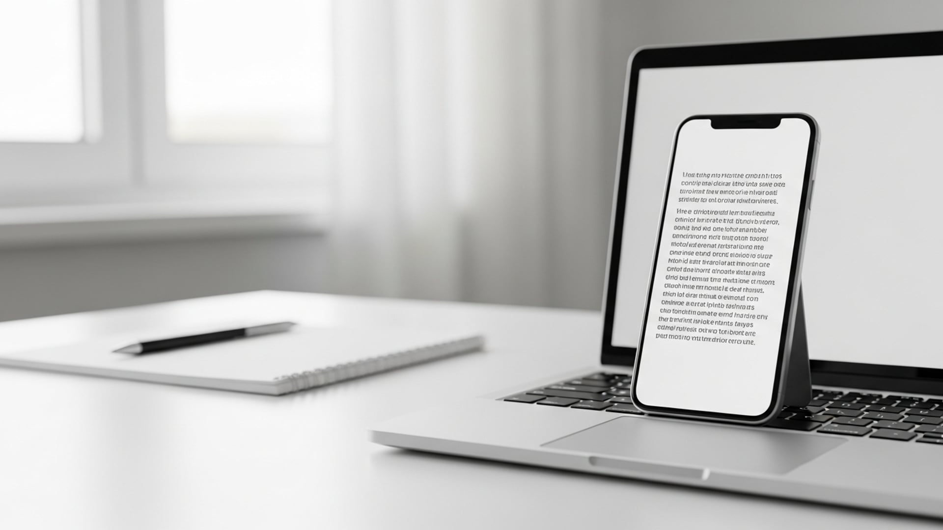 A smartphone resting on an open laptop keyboard displaying formatted text with line breaks.