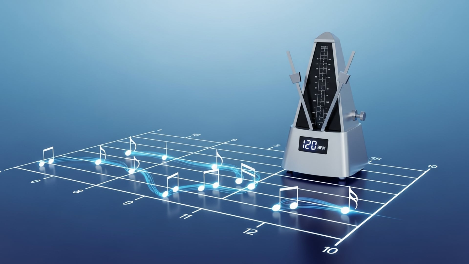 A modern metronome beside a rhythmic timing grid with notes snapping onto evenly spaced beat markers.