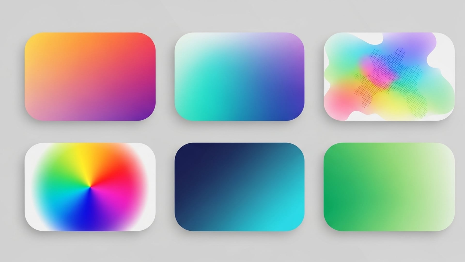 A grid of rounded panels each showing a different modern colorful CSS gradient background.