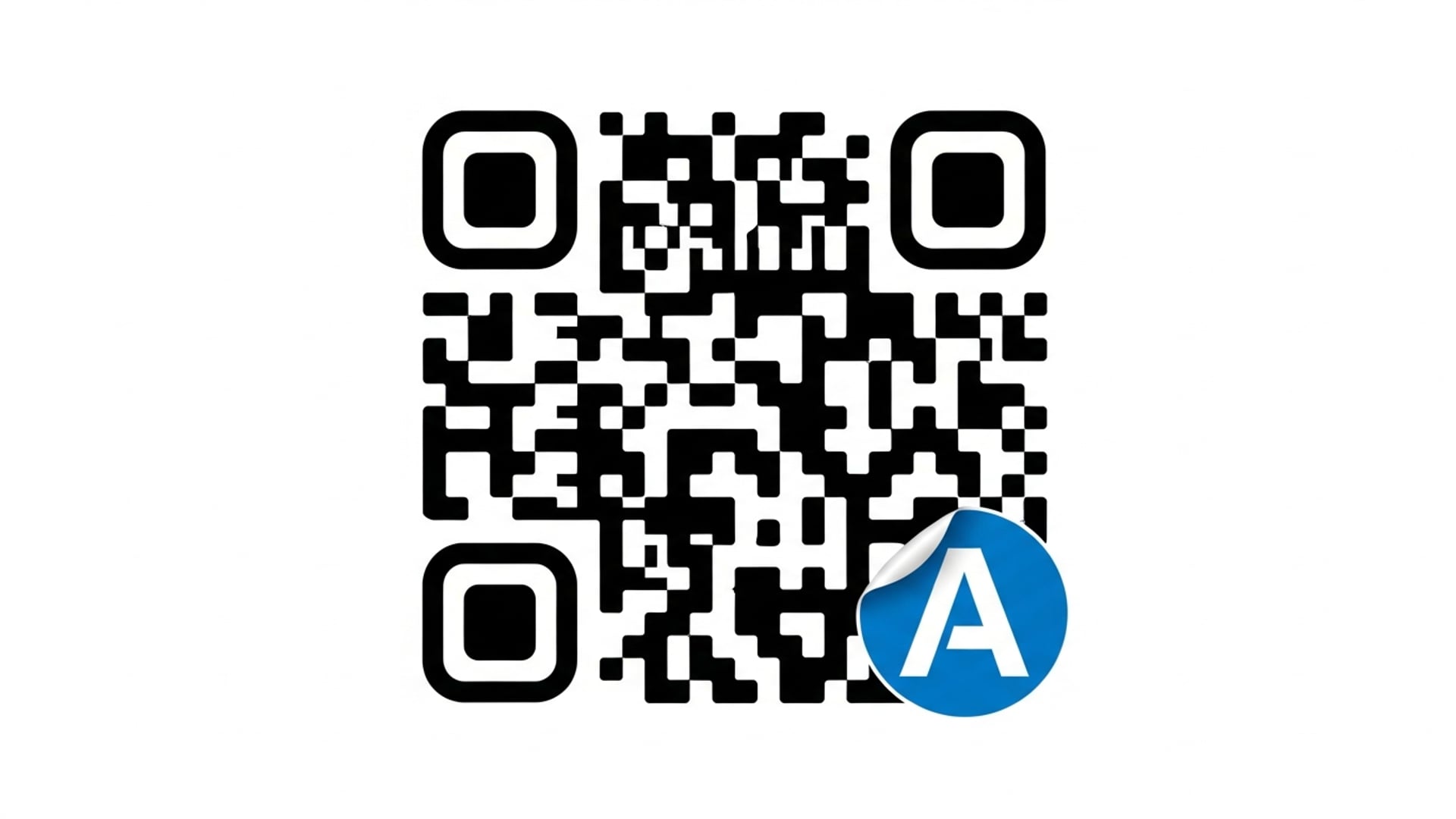 A high-contrast black QR code with one corner partly covered by a small sticker, still clearly scannable.