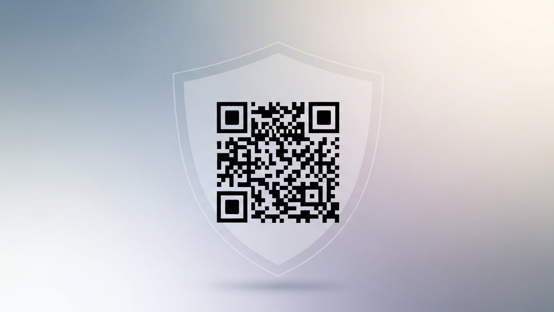 A crisp black QR code centered on a calm gradient background with a subtle privacy shield motif.