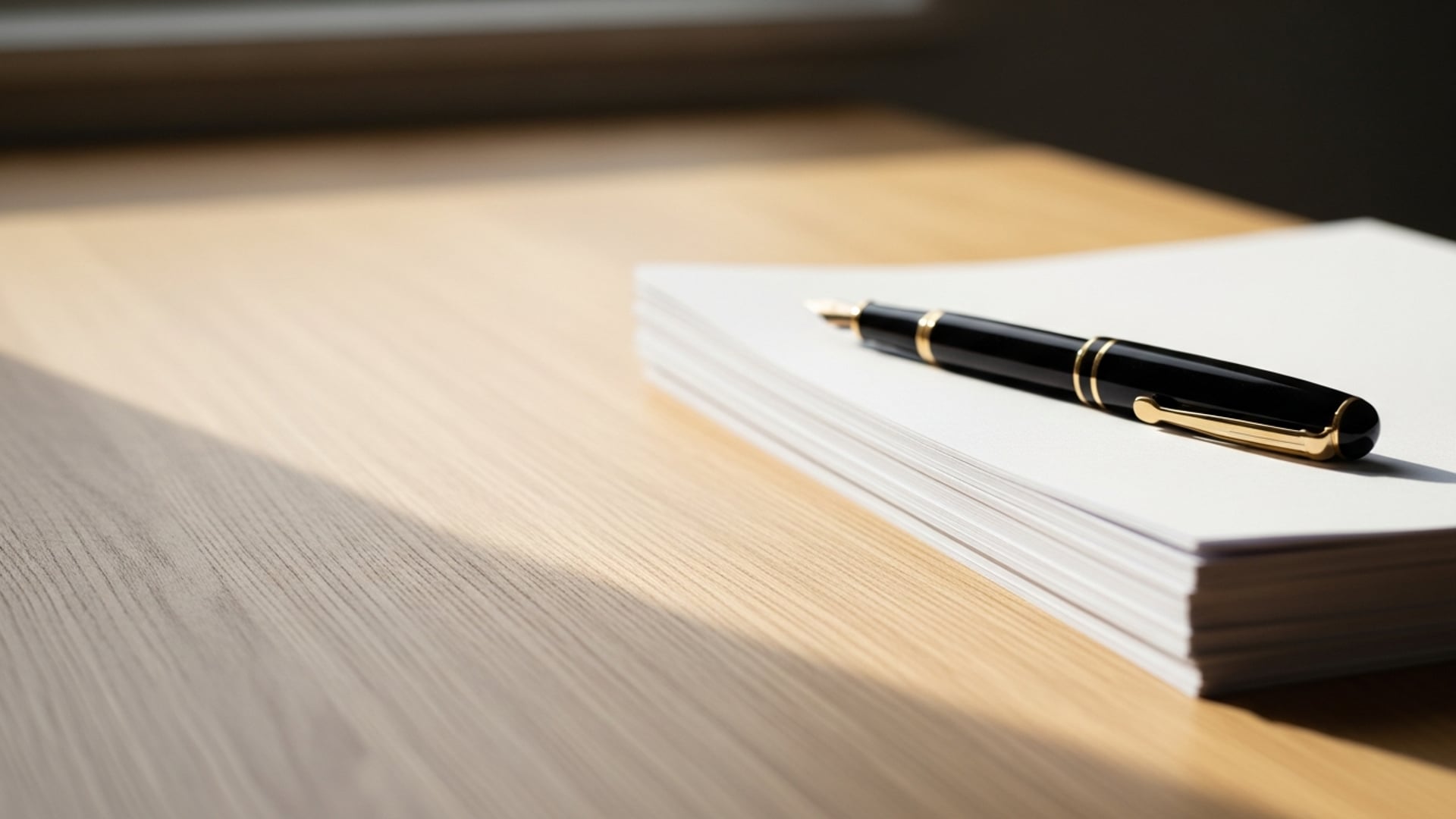 A black fountain pen resting on a stack of white paper on a wooden desk with soft sunlight.
