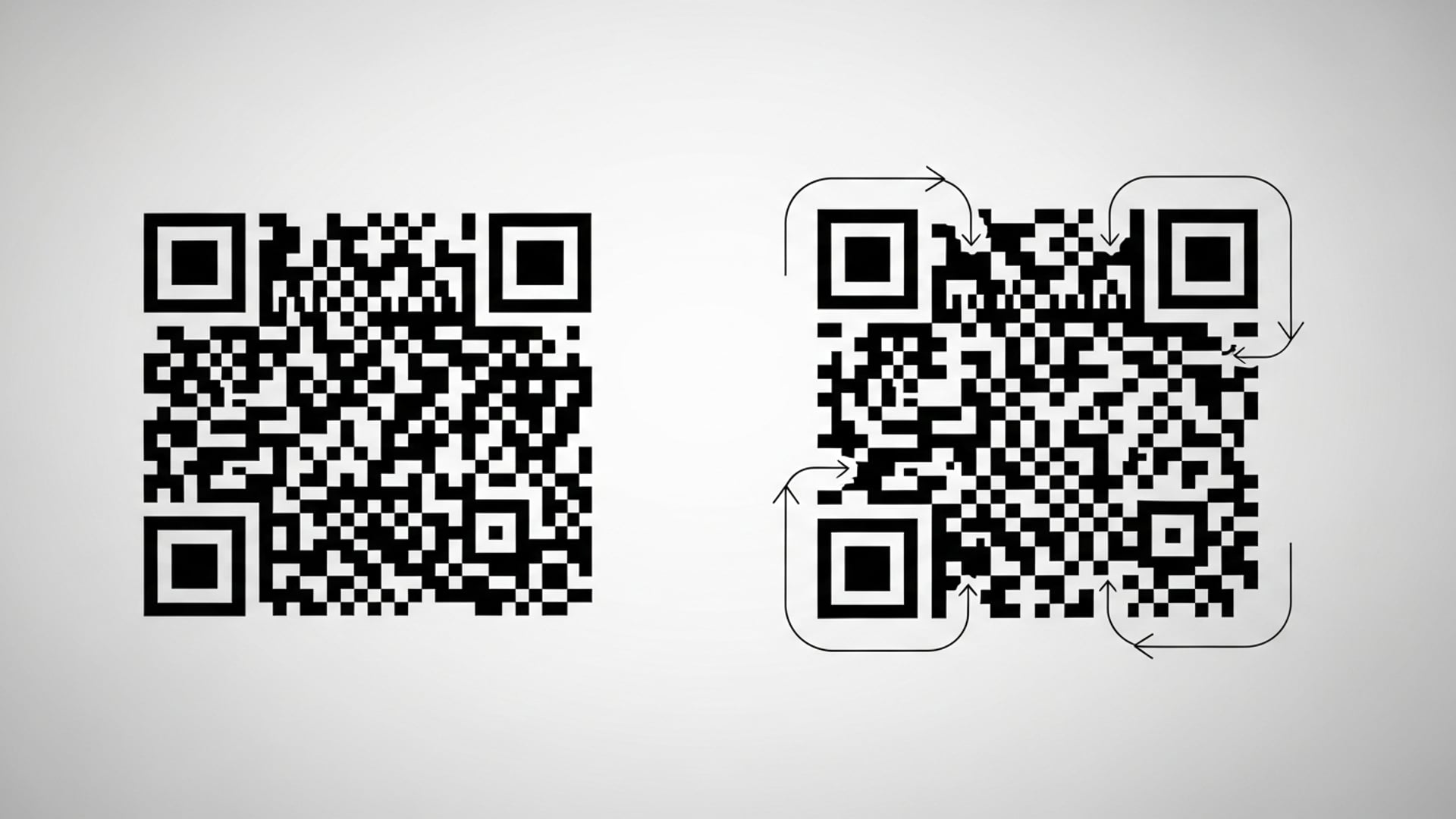 Two QR codes side by side, one solid and static, the other ringed by subtle redirect arrows.