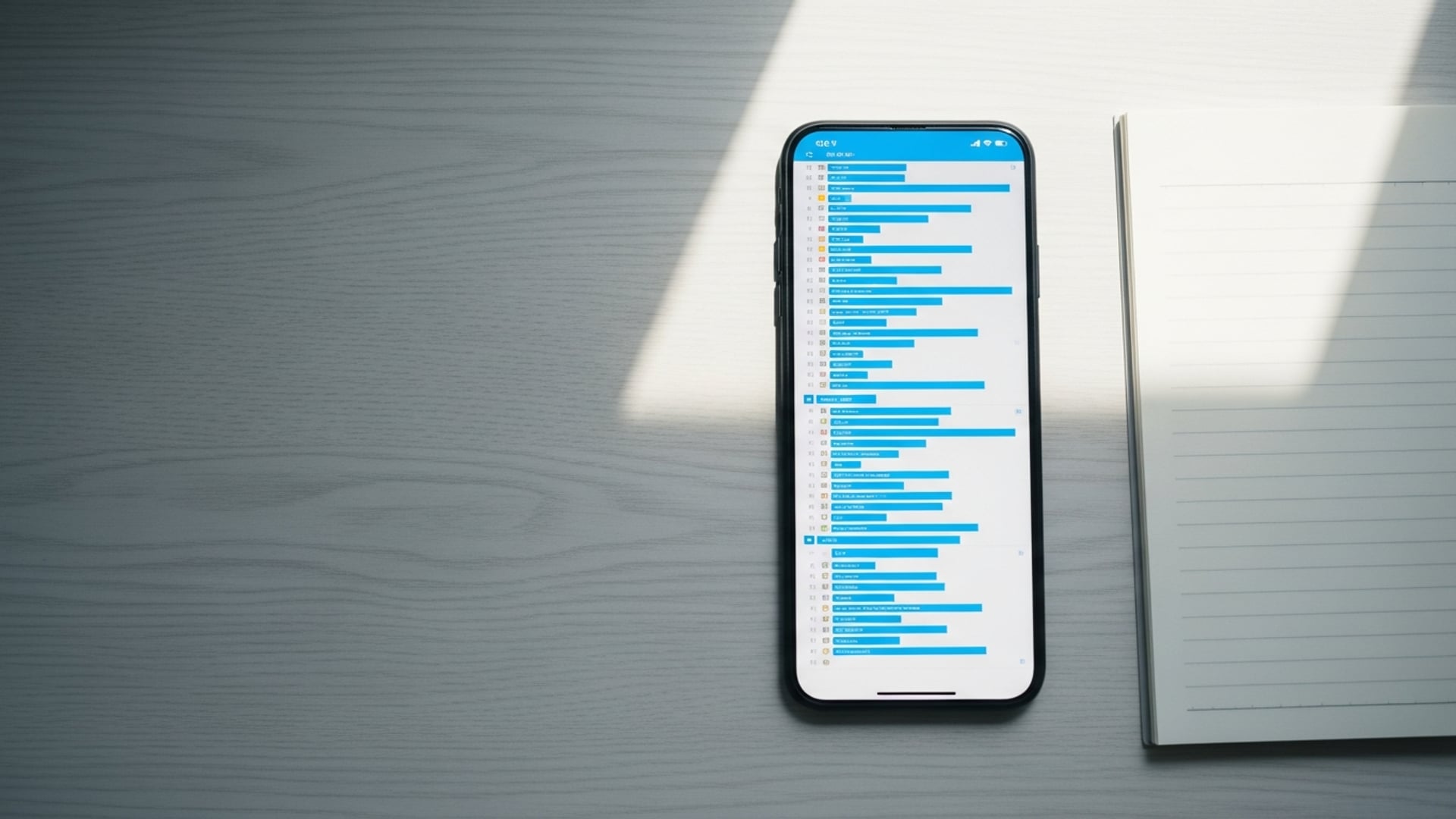 A smartphone screen displaying a long list of numbered Twitter posts created by a thread generator app on a desk.