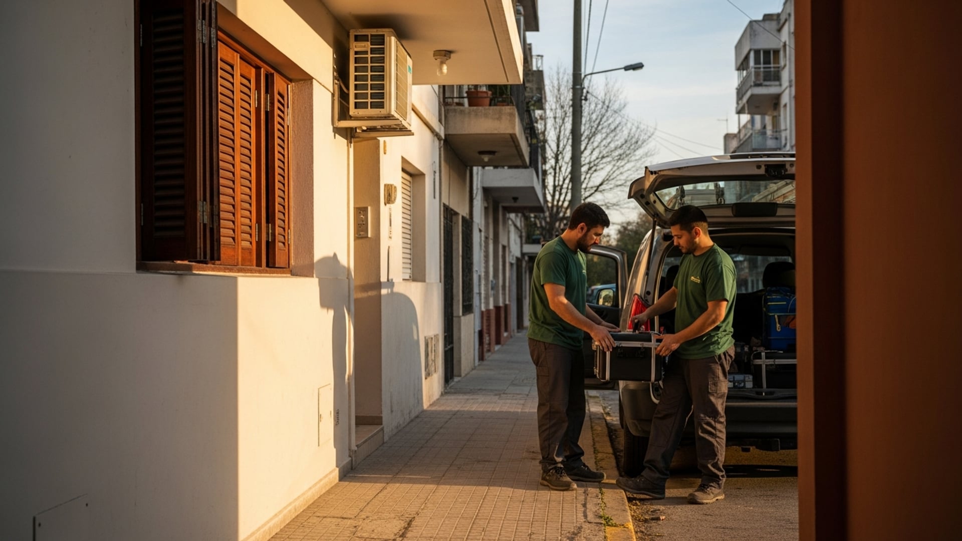 Dos técnicos cargando el maletín de herramientas en la camioneta en una calle de Montevideo