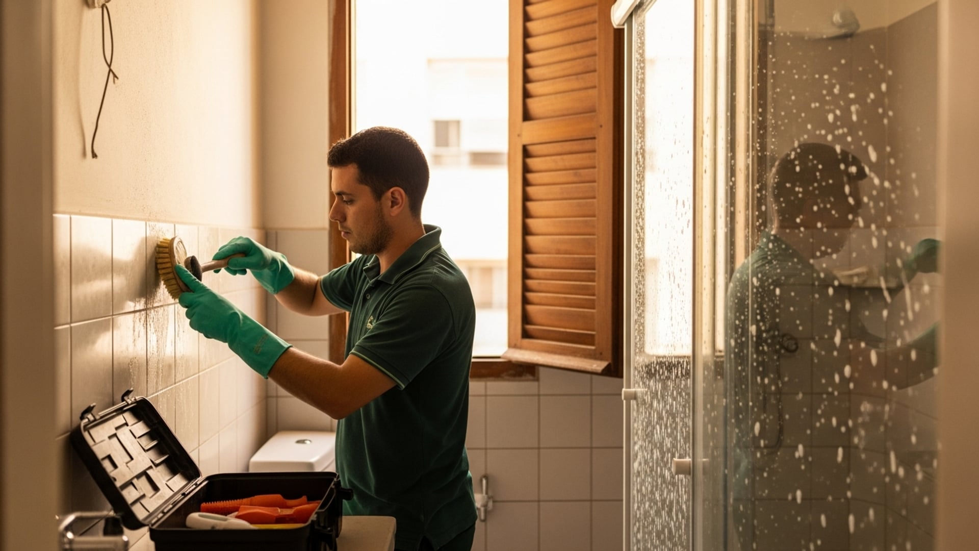 Técnico cepillando el sarro entre los azulejos de un baño