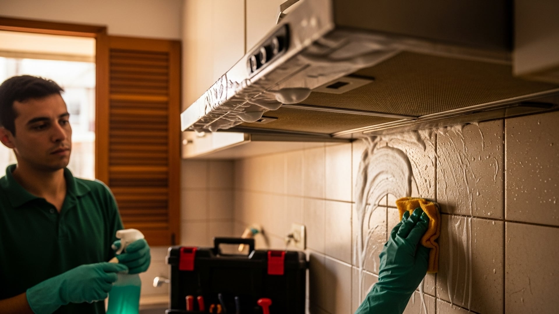 Técnico desengrasando la campana extractora y los azulejos de una cocina