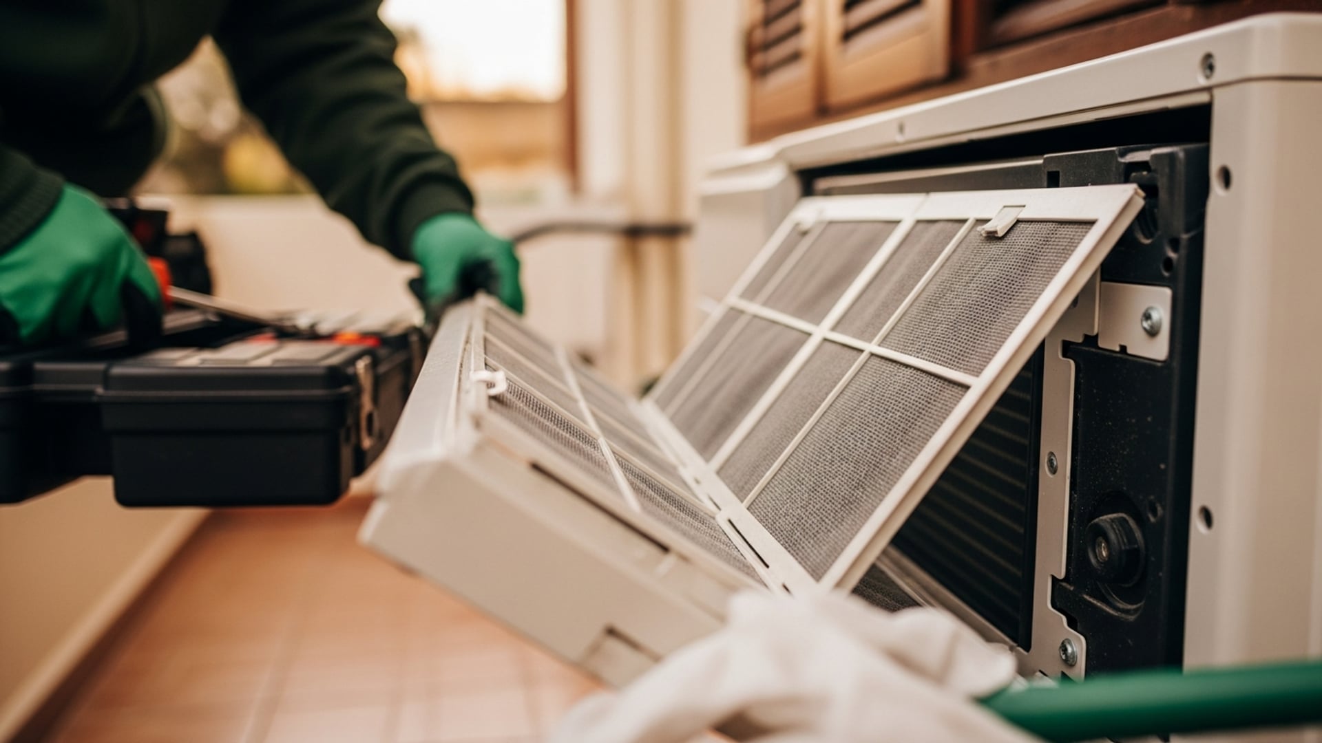 Técnico retirando los filtros sucios de una unidad interior split para limpiarlos