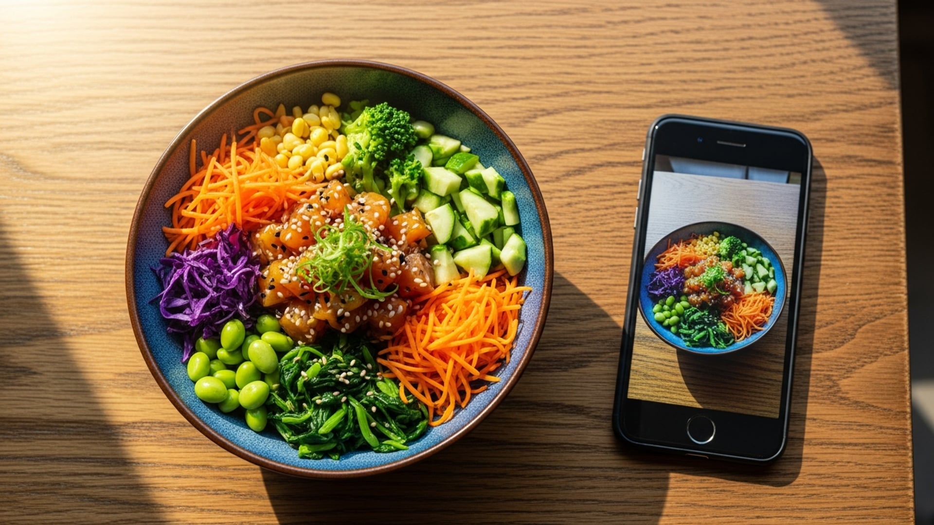 A bowl of poke salad with vegetables next to a smartphone showing a photo of the same meal on its screen.