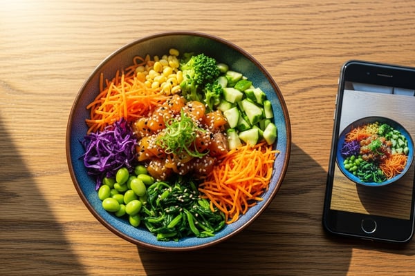 Un bol de poke con verduras junto a un smartphone que muestra una foto del mismo plato en su pantalla.