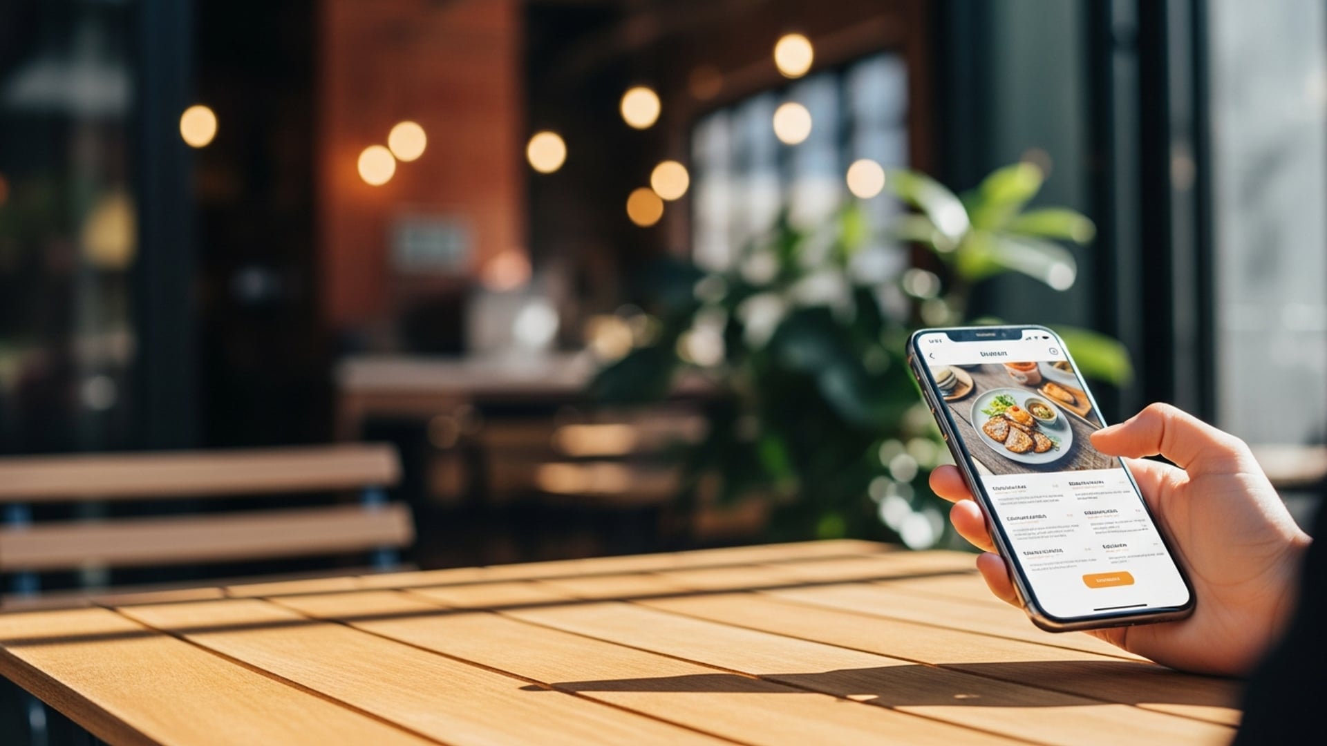 Cliente sostiene un smartphone con un menú digital de restaurante en la mesa de una cafetería.