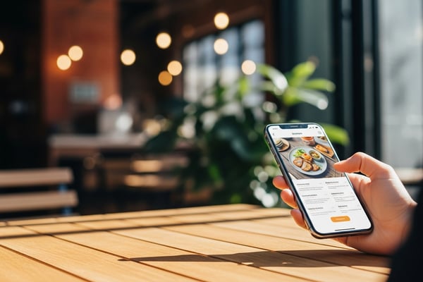 Cliente sostiene un smartphone con un menú digital de restaurante en la mesa de una cafetería.