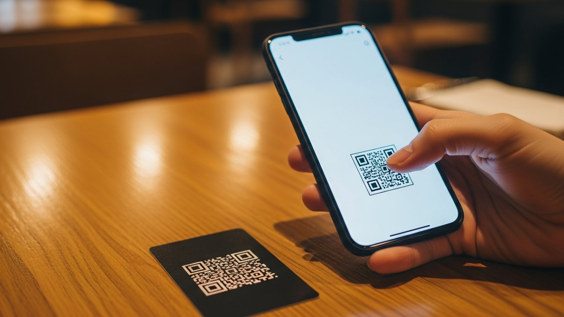 Hand holding a smartphone scanning a QR code menu card at a restaurant table.