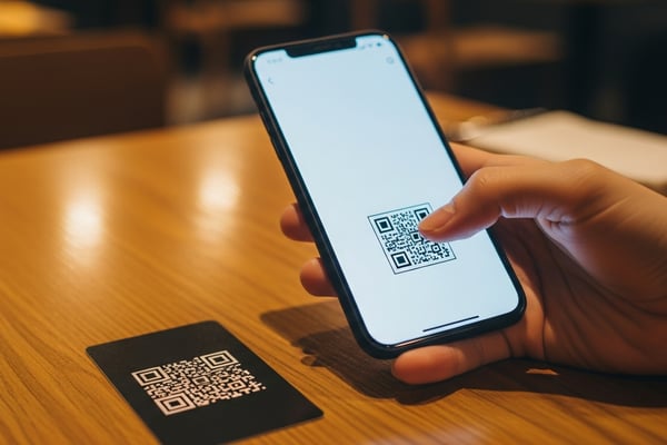 Una mano sostiene un smartphone escaneando un código QR del menú en la mesa de un restaurante.