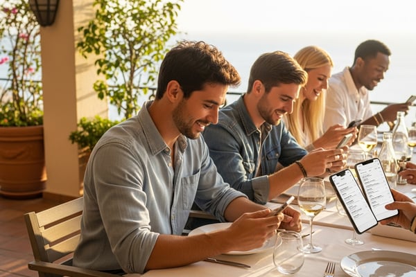 Clientes internacionales ven un menú digital en sus móviles en una terraza soleada.