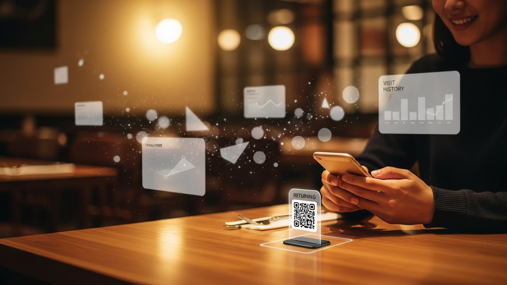 Cliente escaneando un código QR de menú con un smartphone, con tarjetas flotantes de datos sobre una mesa de madera.