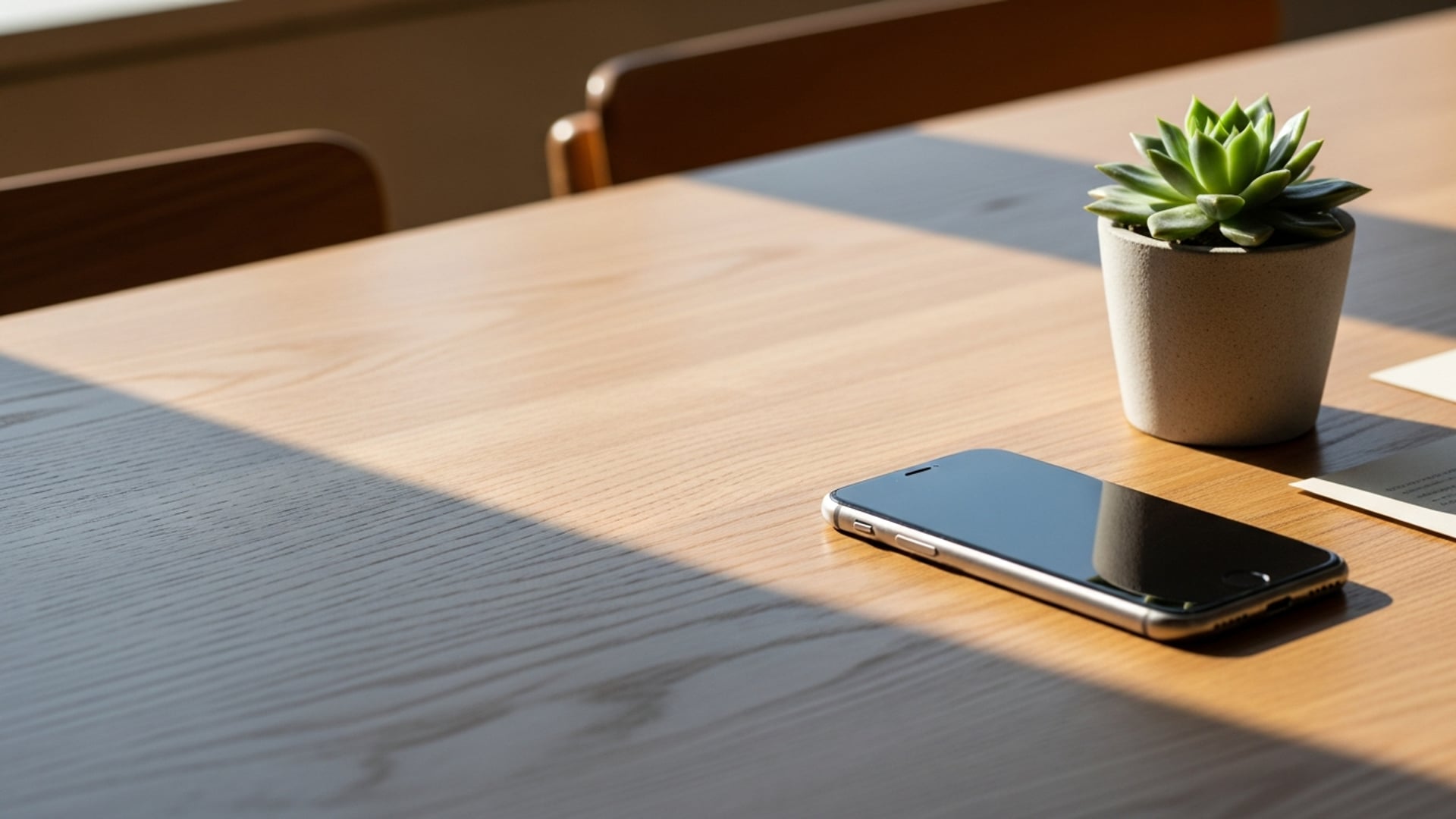 Smartphone on a wooden restaurant table next to a small succulent, symbolising a paperless QR menu.