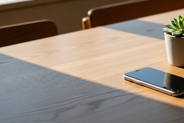 Smartphone sobre una mesa de madera de restaurante junto a una pequeña suculenta, símbolo del menú QR sin papel.