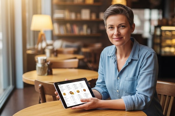 Un dueño de restaurante revisa un menú digital en una tablet en la mesa.