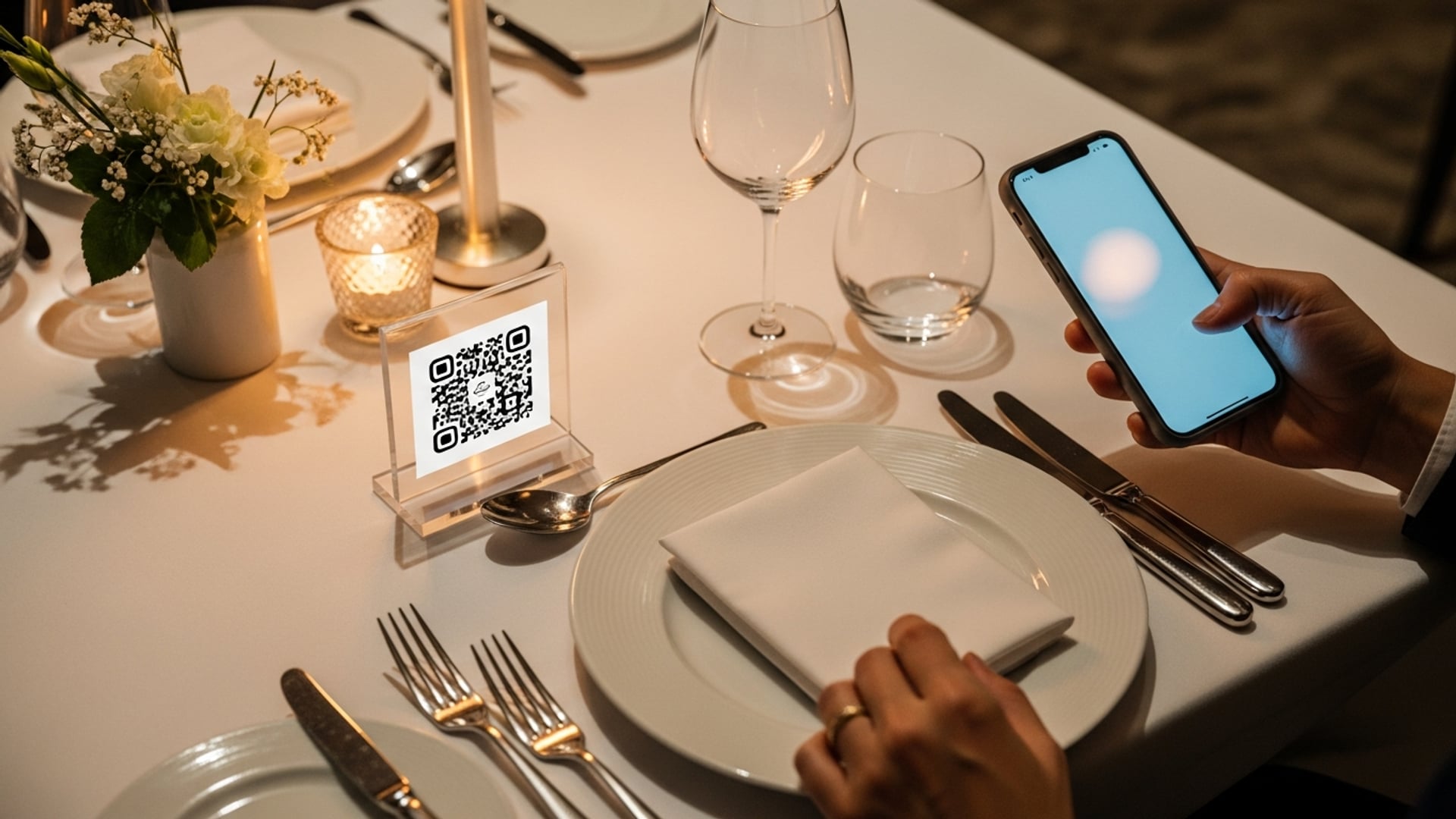 Гость подносит телефон к подставке с QR-кодом на столе ресторана.