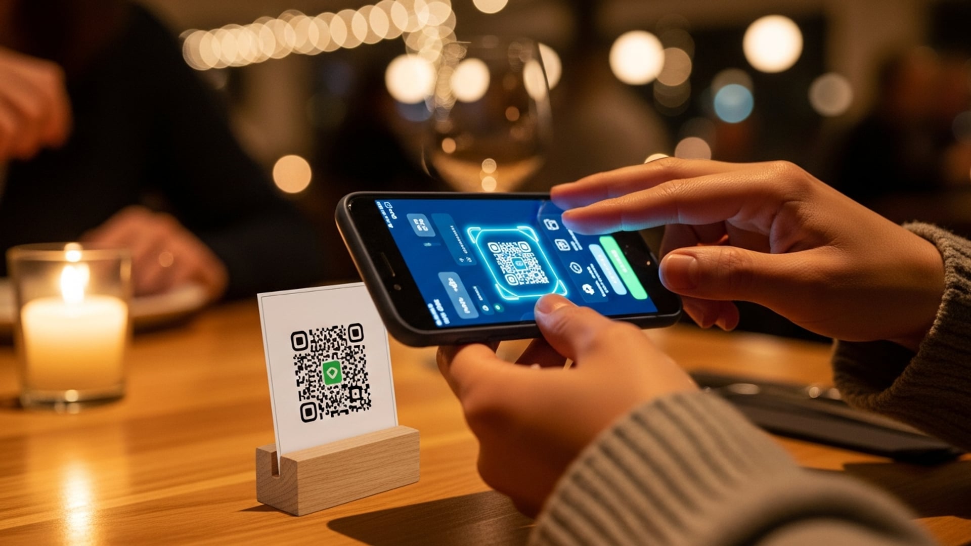Un cliente escanea un código QR en la mesa para pagar la cuenta con el móvil.
