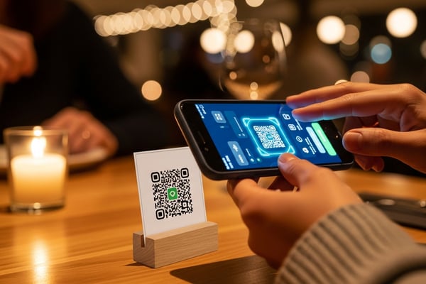 Un cliente escanea un código QR en la mesa para pagar la cuenta con el móvil.