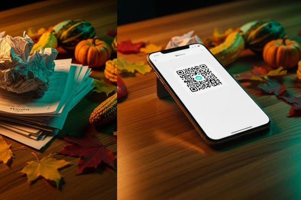 Comparación dividida: una pila de menús de papel arrugados frente a un smartphone con un menú QR digital.