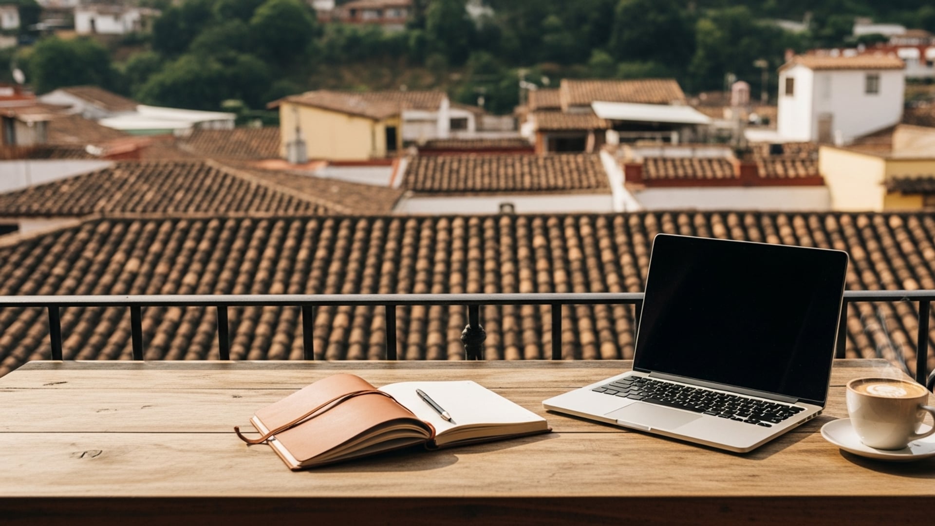 Portátil, cuaderno y taza de café sobre una mesa de madera en un balcón con vistas a un pueblo latinoamericano con tejados de teja.